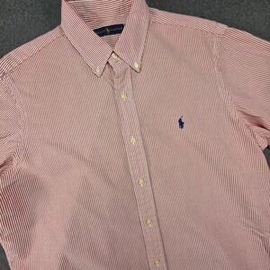 Ralph Lauren Men's Short Sleeve Stripe Seersucker L Shirt Red White Classic Pony